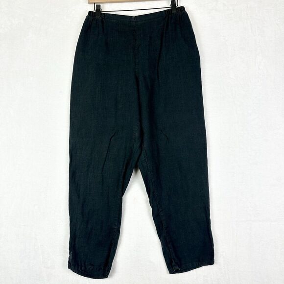 Flax Linen Tapered Leg Pull On Pants Size Small Black Lagenlook Pockets - Picture 1 of 5